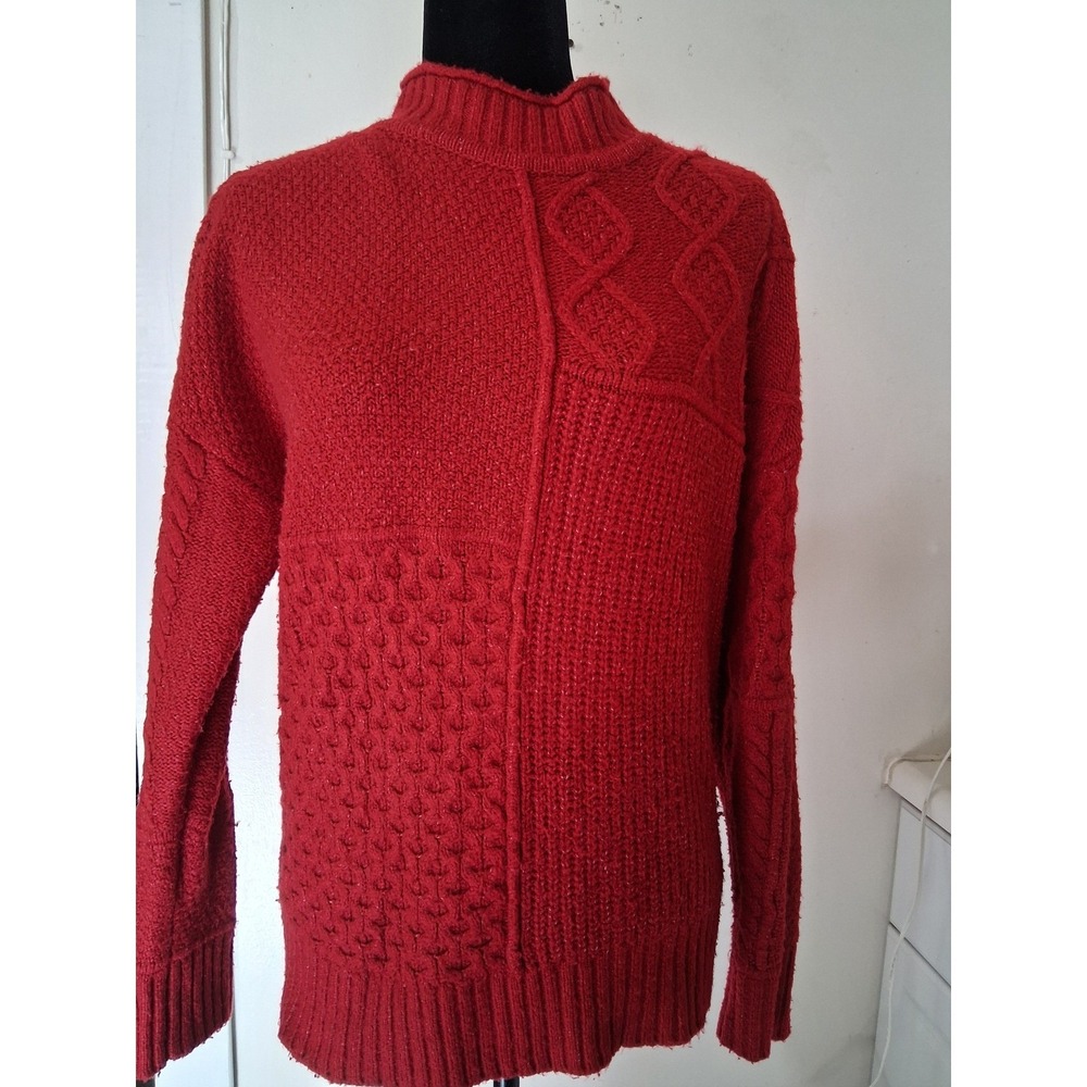 American Eagle Red Mixed Texture Cable Knit Mock Neck Sparkle Sweater Small